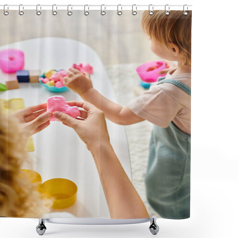 Personality  A Curly Mother And Her Toddler Daughter Engage In Hands-on Montessori Learning With Colorful Dough. Shower Curtains