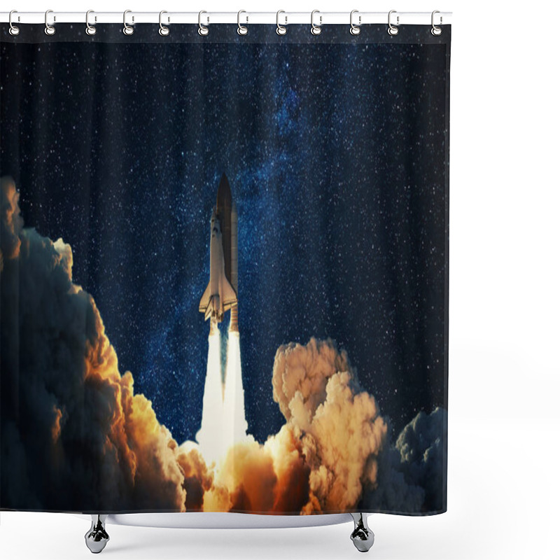 Personality  Rocket Takes Off In The Starry Sky. Spaceship Begins The Mission. Space Shuttle Taking Off On A Planet Mars.  Shower Curtains