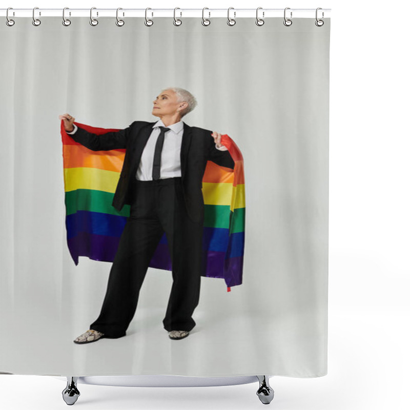 Personality  Confident Woman Showcases Pride Spirit With A Rainbow Flag And Sharp Attire. Shower Curtains