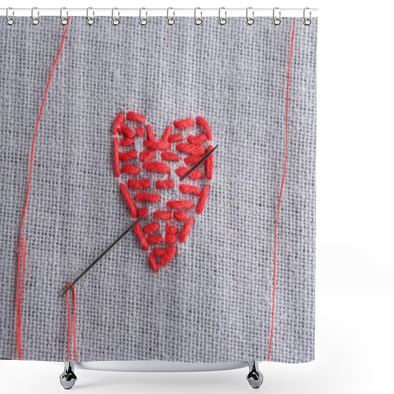 Personality  Embroidered Red Heart And Needle On Gray Cloth, Top View Shower Curtains