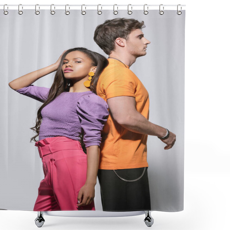 Personality  Attractive, Trendy African American Girl Touching Hair And Looking At Camera Near Handsome Boyfriend On White Background Shower Curtains