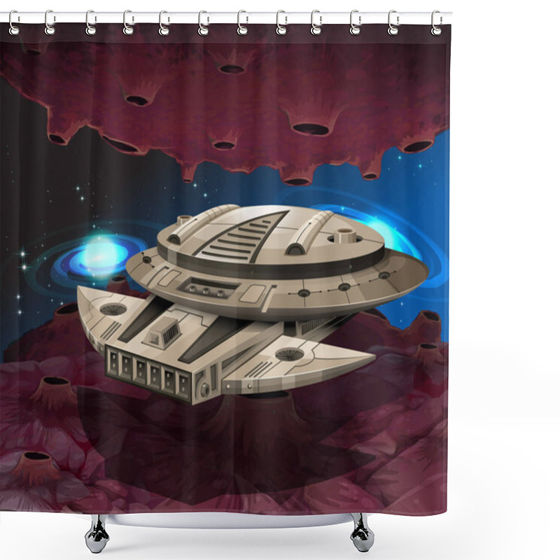 Personality  Round Spaceship Flying In The Galaxy Shower Curtains