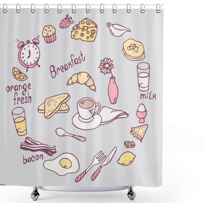 Personality   Hand Drawn Breakfast Item Set. Cute Food Illustration In Vector Shower Curtains