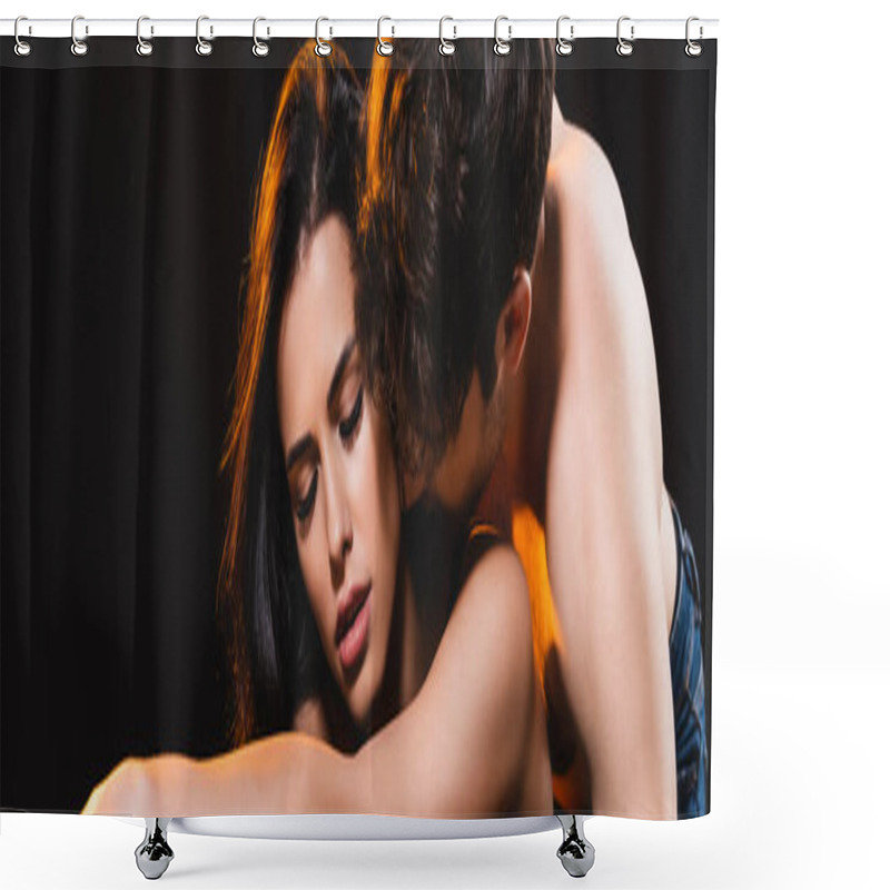 Personality  Panoramic Crop Of Muscular Man Kissing Woman With Closed Eyes Isolated On Black  Shower Curtains