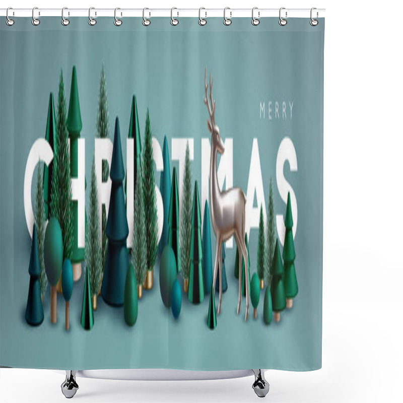 Personality  Christmas Banner. Xmas Horizontal Composition Made Of Green Wooden And Glass Christmas Trees And Silver Reindeer. Christmas Poster, Greeting Cards, Header Or Profile Cover. Shower Curtains