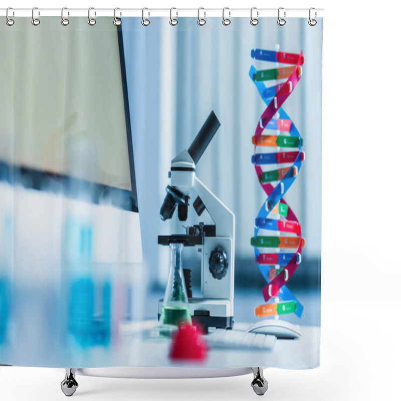 Personality  Microscope And Dna Model Near Monitor With Grey Screen On Blurred Foreground Shower Curtains