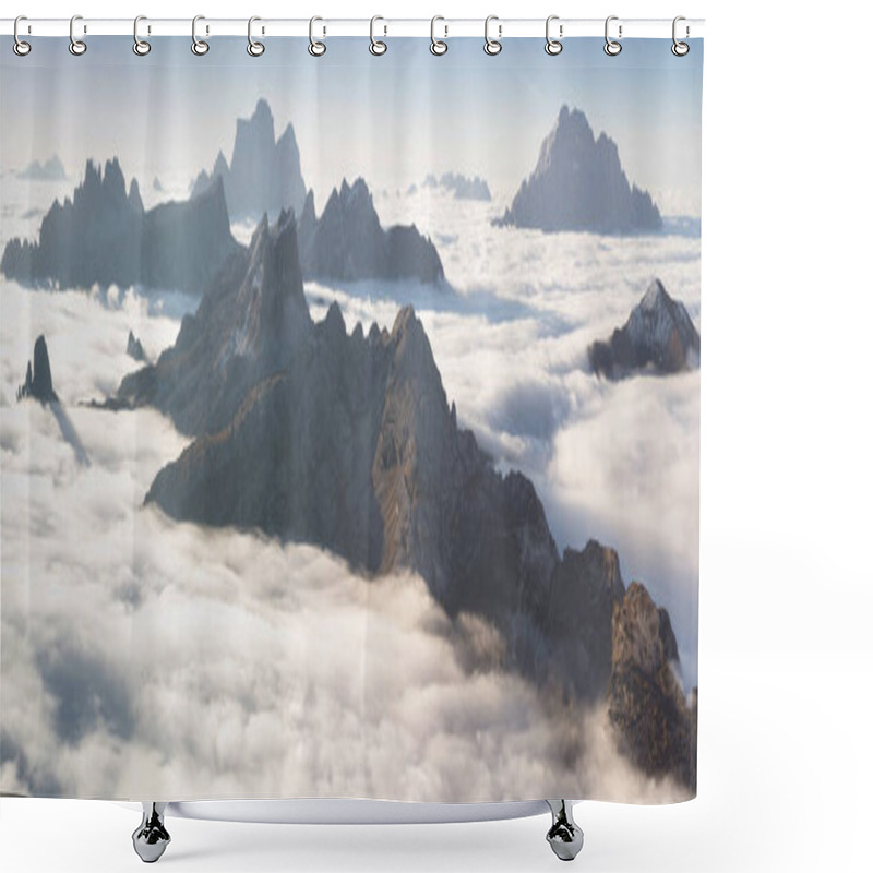 Personality  View Of Famous Dolomites Mountain Peaks Glowing In Beautiful Golden Morning Light At Sunrise In Summer, South Tyrol,Italy Dramatic View Of Dolomites Mountains Above The Clouds Famous Best Alpine Place Shower Curtains