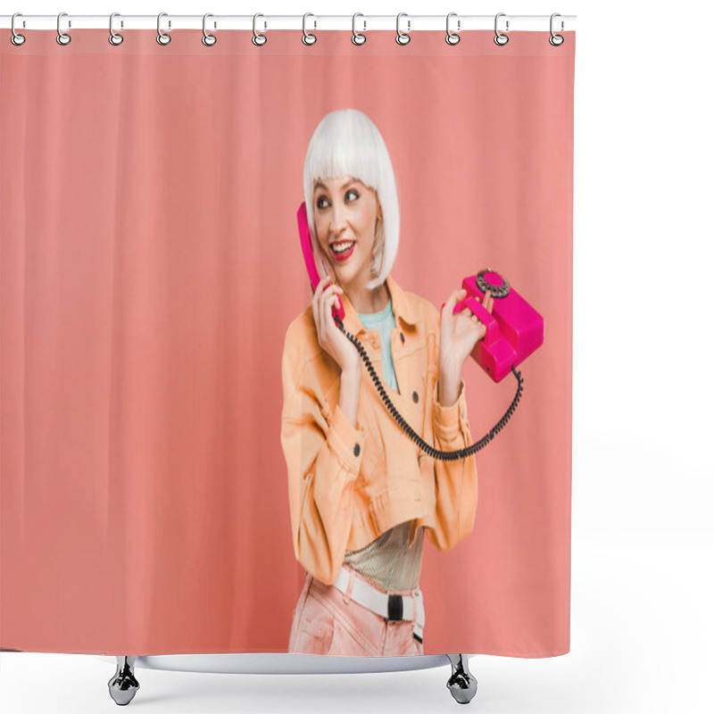 Personality  Beautiful Young Woman In White Wig Talking On Retro Telephone, Isolated On Pink  Shower Curtains