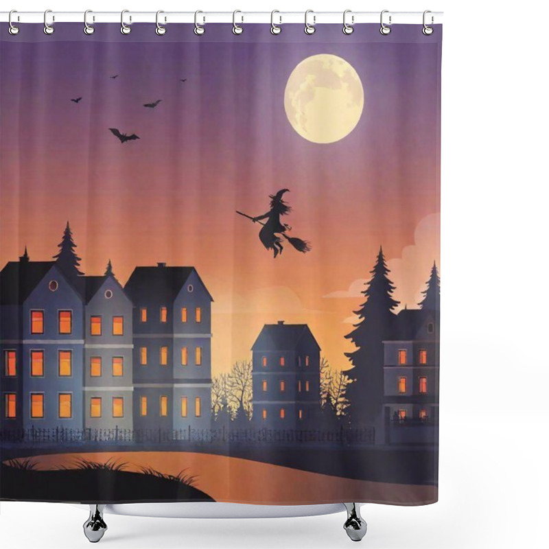 Personality  Witch Costume, Spooky Halloween Frightening Costume Flying Above Street With Houses In Autumn, Vector Illustration Shower Curtains