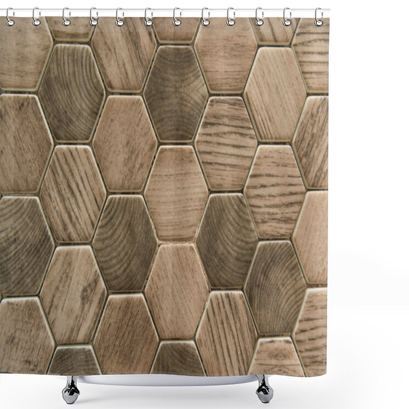 Personality  Background With Hexagon Ceramic Tiles, With Wood Imitation, Top View Shower Curtains