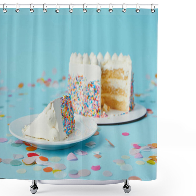 Personality  Piece Of Cake With Cut Cake On Blue Background With Confetti Shower Curtains