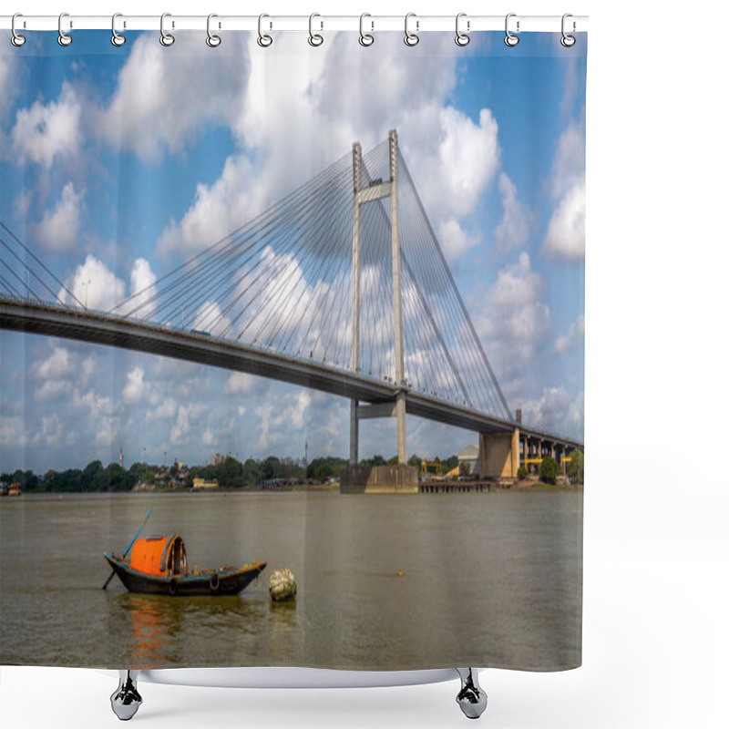 Personality  Solitary Wooden Boat On The River Hooghly Overlooking The Vidyasagar Setu Bridge. Shower Curtains