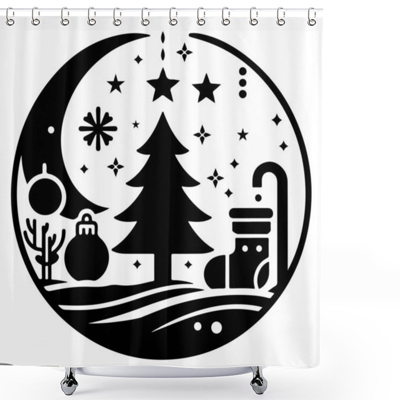 Personality  This Festive Vector Illustration Features A Stylized Christmas Tree Surrounded By Various Holiday-themed Elements, Including Snowflakes, Stars, And Decorative Dots. The Black And White Design Is Perfect For Holiday Greeting Cards, Seasonal Decoration Shower Curtains