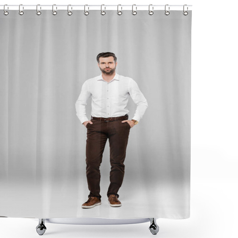 Personality  Bearded Businessman In Glasses Standing With Hands In Pockets On Grey  Shower Curtains