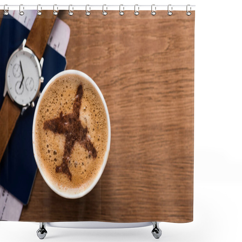 Personality  Flat Lay With Cup Of Coffee With Plane Sign, Passport, Ticket And Male Watch On Wooden Surface, Traveling Concept Shower Curtains