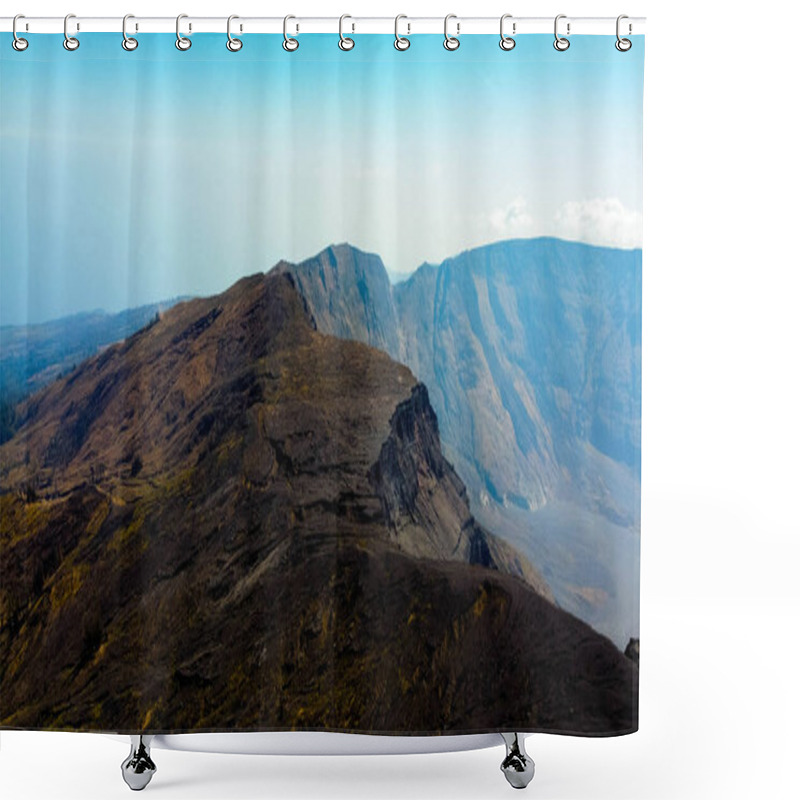 Personality  An Aerial View Of Mount Tambora's Peak Reveals A Breathtaking Landscape Under A Blue Sky, As The Sun Rises, Casting Golden Hues Over The Stunning Terrain. Shower Curtains