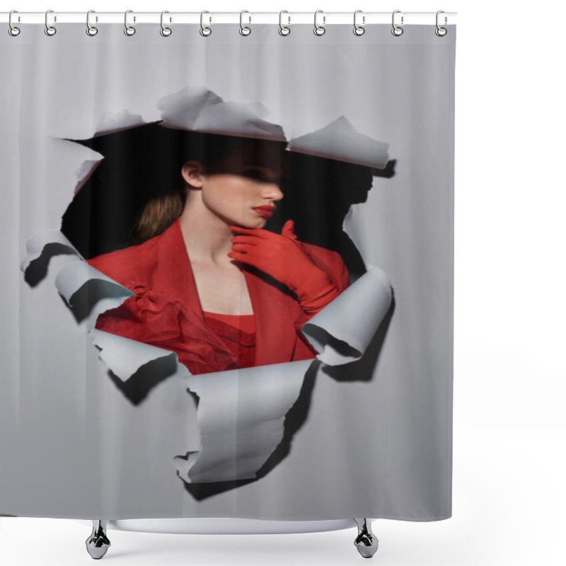 Personality  Glamorous Young Woman With Bold Makeup Posing In Red Gloves Near Hole In Torn Grey Background Shower Curtains