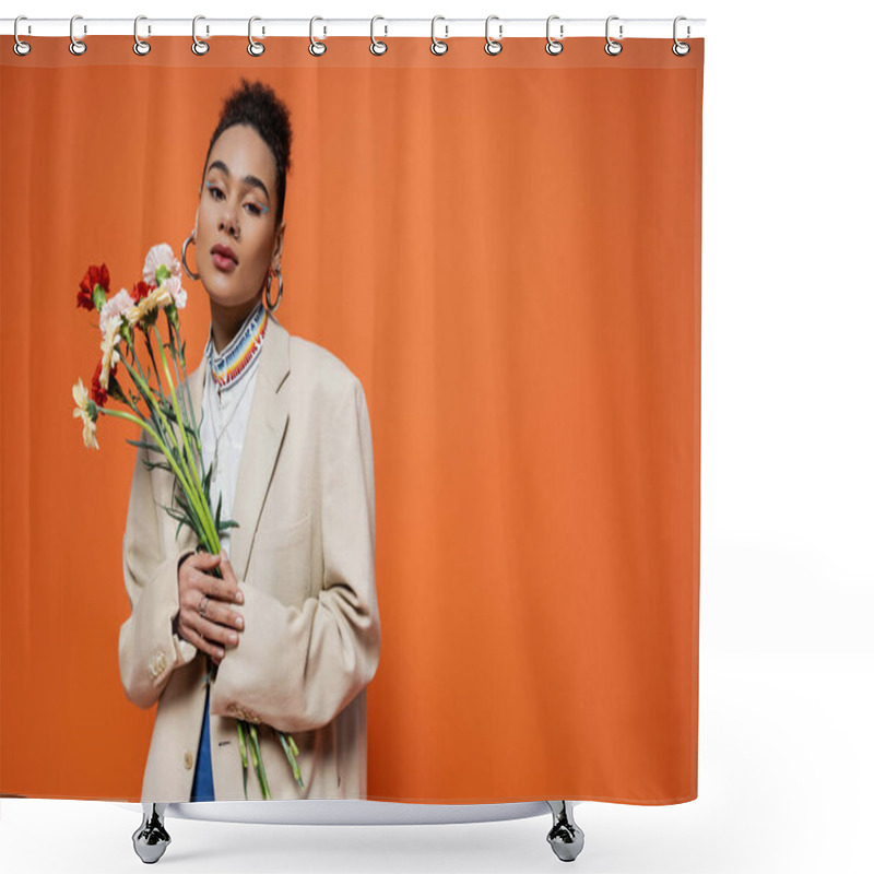 Personality  Beautiful African American Model In Stylish Urban Attire Posing With Flowers, Orange Backdrop Shower Curtains