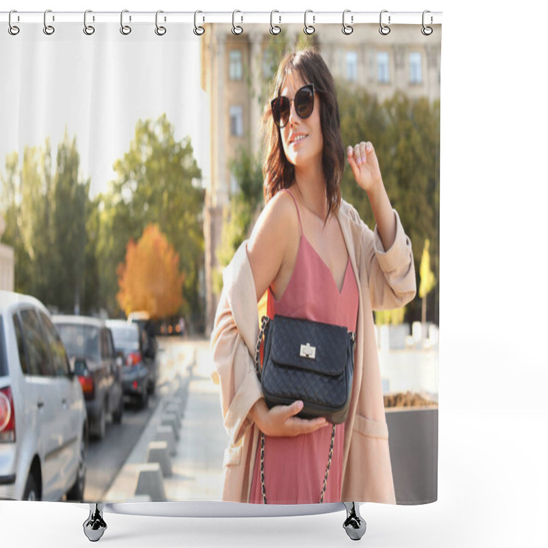 Personality  Young Woman In Sunglasses With Stylish Black Bag On City Street Shower Curtains