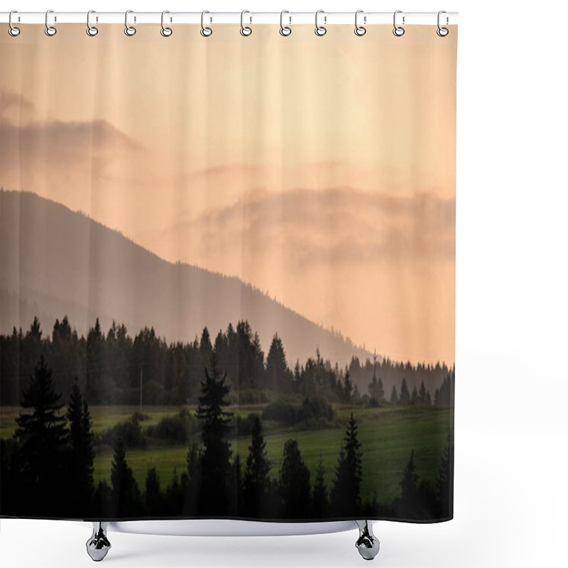 Personality  Panoramic View Of Misty Forest In Western Carpathian Mountains. Tatra In Foggy Sunset, Far Horizon. Slovakia In Early Autumn Shower Curtains