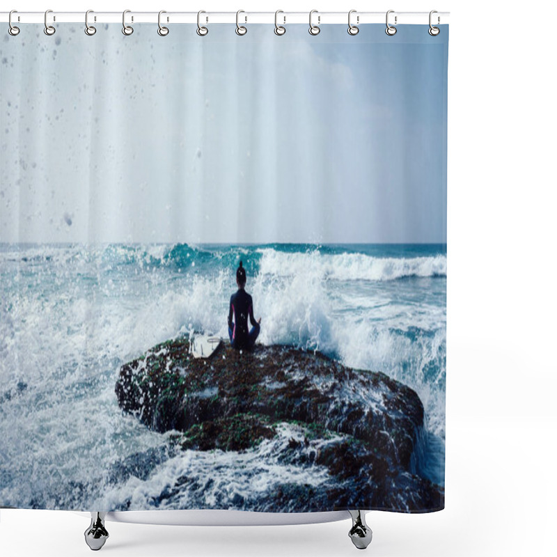 Personality  Woman Surfer Meditation At The Seaside Coral Reef Edge Facing To Coming Strong Sea Waves Shower Curtains