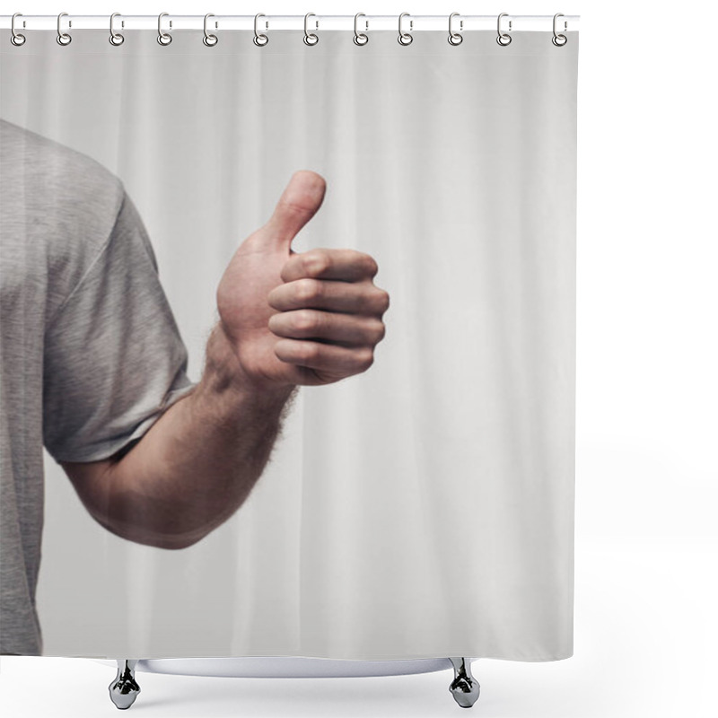 Personality  Partial View Of Man Showing Thumb Up Isolated On Grey, Human Emotion And Expression Concept Shower Curtains