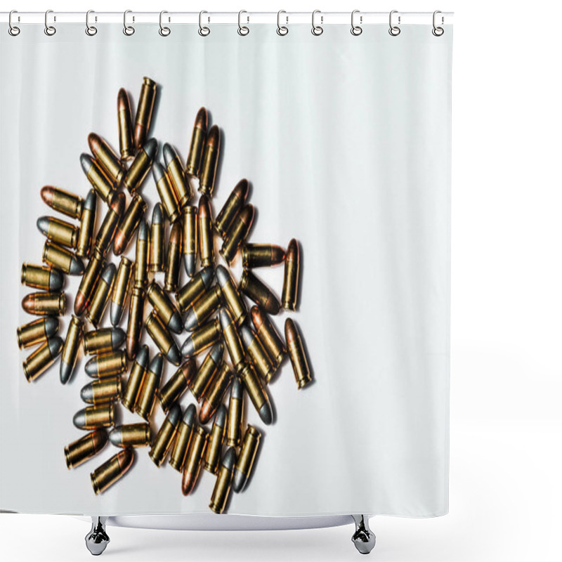 Personality  Close Up Of 9 Mm. Bullets With 9 Mm. Handgun In Background Shower Curtains