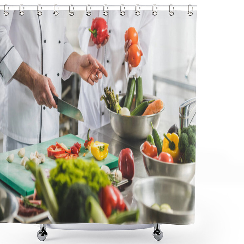 Personality  Cropped Image Of Chefs Preparing Vegetables At Restaurant Kitchen Shower Curtains