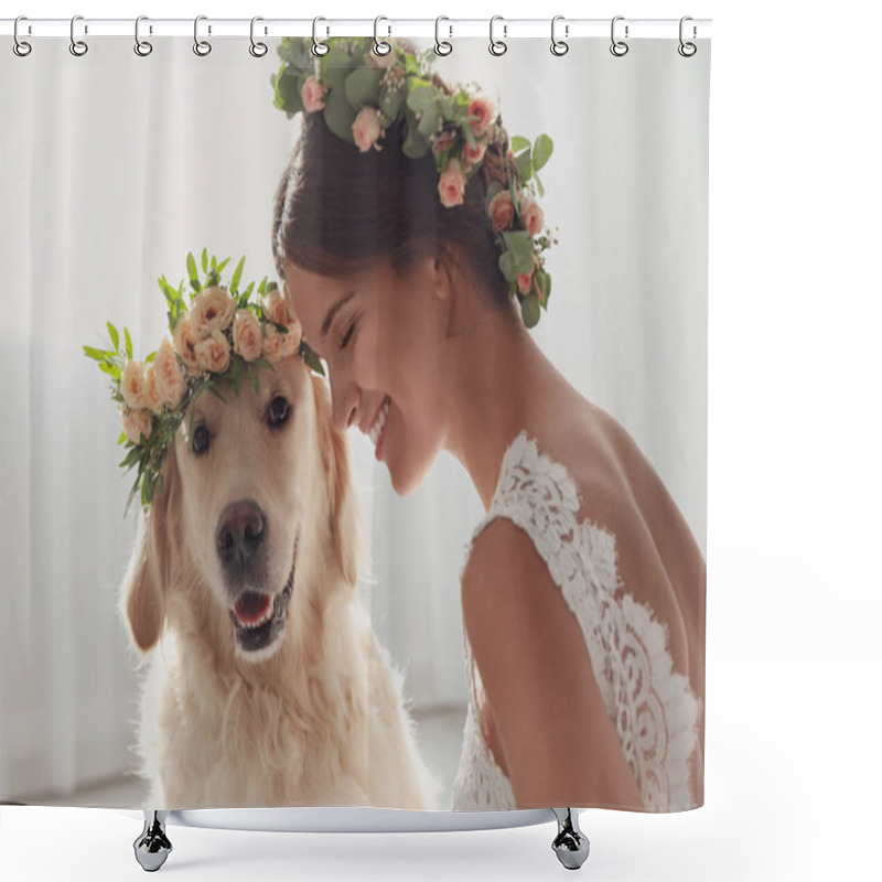 Personality  Bride And Adorable Golden Retriever Wearing Wreath Made Of Beautiful Flowers Indoors Shower Curtains