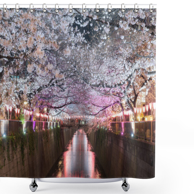 Personality  Cherry Blossom Lined Meguro Canal At Night In Tokyo, Japan. Spri Shower Curtains