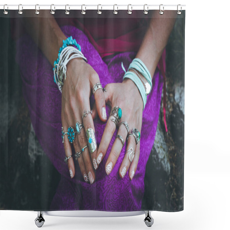 Personality  Close Up Of Young Woman Hands With Boho Accessories Rings And Bracelets Fashion Details Shower Curtains