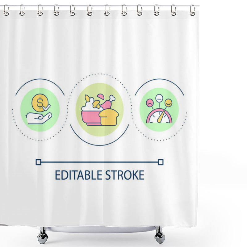 Personality  Delicious Food For Affordable Price Loop Concept Icon. Cheap Restaurant Abstract Idea Thin Line Illustration. Customer Satisfaction. Isolated Outline Drawing. Editable Stroke. Arial Font Used Shower Curtains