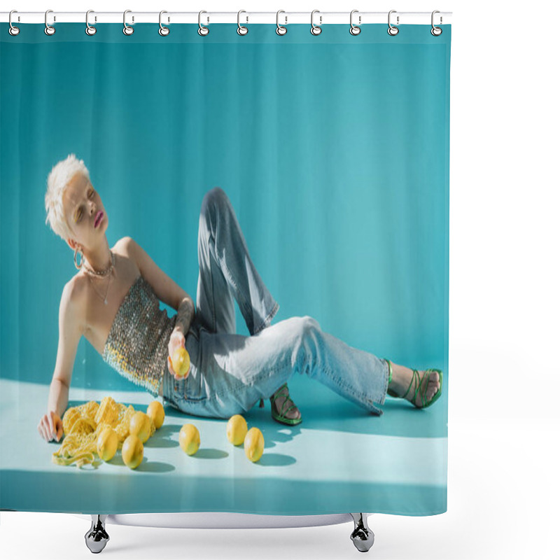 Personality  Full Length View Of Tattooed Albino Woman In Top With Sequins And Jeans Posing Near Fresh Lemons On Blue  Shower Curtains