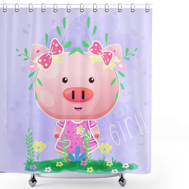 Personality  Cute Baby Girl Pig With Flowers On The Purple Background Shower Curtains