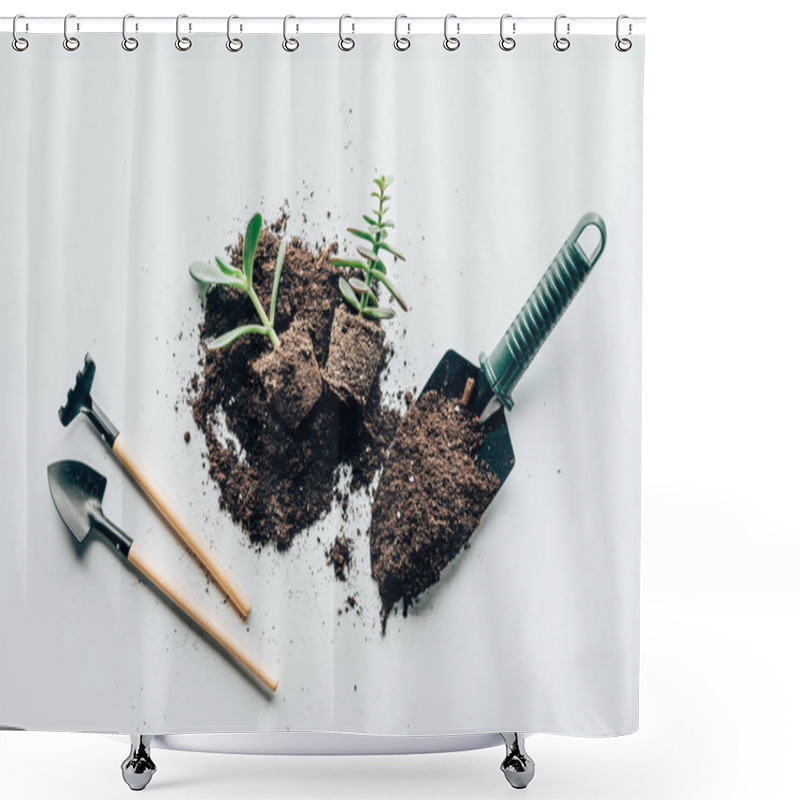 Personality  Top View Of Green Plants In Ground, Gardening Tools And Soil On Grey Shower Curtains