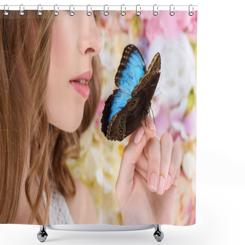 Personality  Cropped Shot Of Young Woman With Butterfly On Hand Shower Curtains