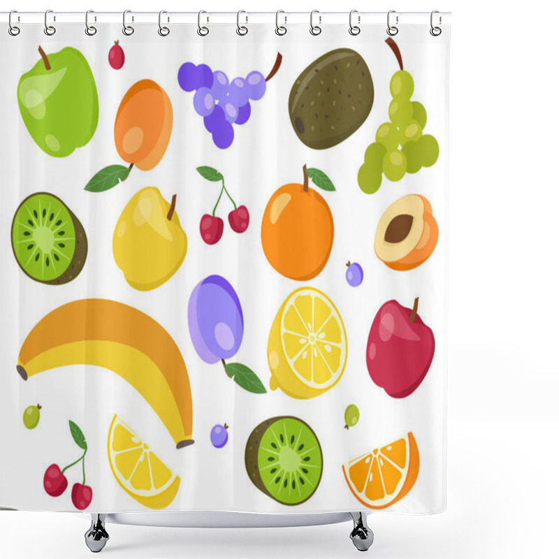 Personality  Set Of Fruits. Natural And Prganic Products, Healthy Eating. Kiwi And Banana, Grape And Apple. Vegetarian Diet With Vitamins. Cartoon Flat Vector Collection Isolated On White Background Shower Curtains