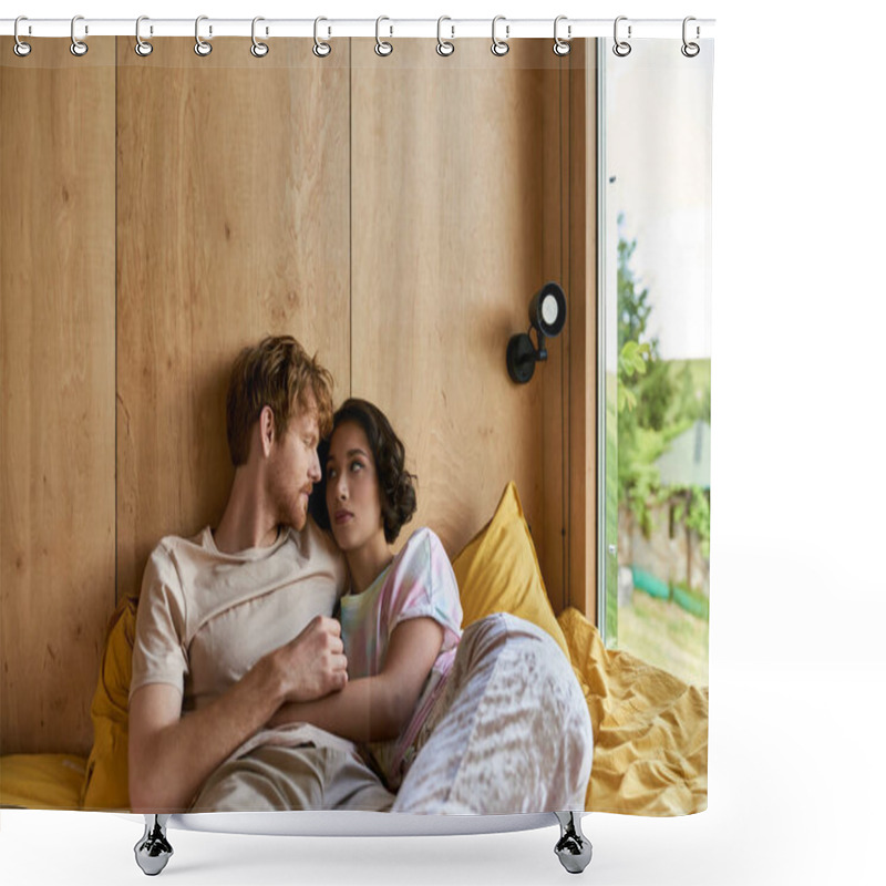 Personality  Interracial Couple Having Tender Moment While Lying Together On Bed And Looking At Each Other Shower Curtains