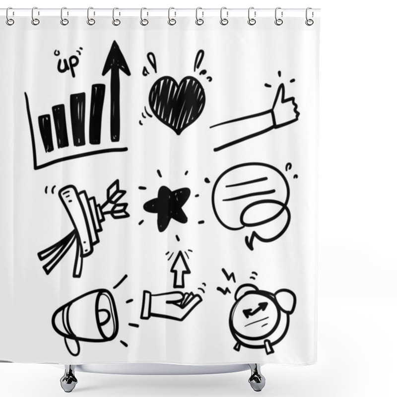 Personality  Hand Drawn Business Strategy, Megaphone And Representative. Influence Campaign, Social Media Marketing, Brand Ambassador Icons.in Doodle Style Vector Shower Curtains