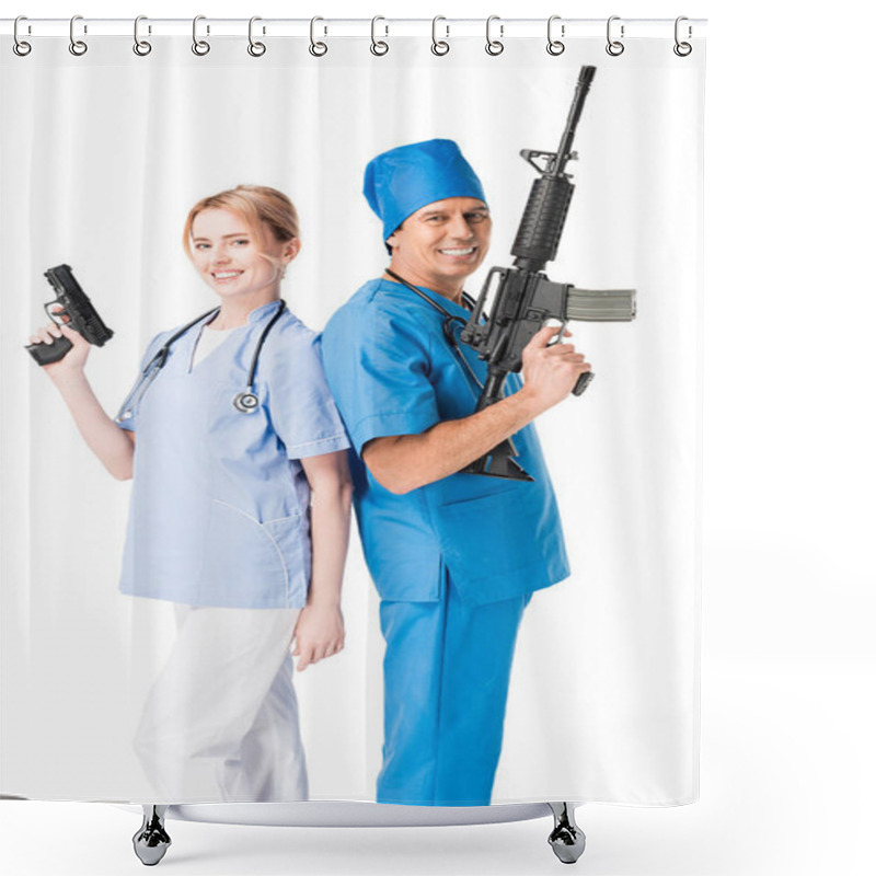 Personality  Smiling Male Doctor And Nurse With Guns Isolated On White Shower Curtains