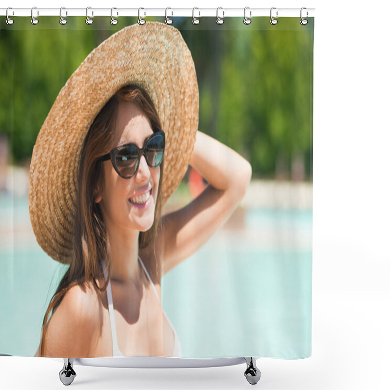 Personality  Woman Holding Hat In Front Of Pool Shower Curtains