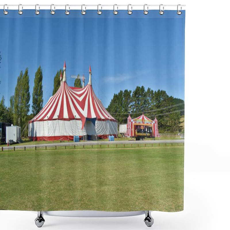 Personality  AUCKLAND, NEW ZEALAND - Mar 07, 2019: Auckland / New Zealand - March 07 2019: View Of Cirque Grande Circus Tent With Ticket Office In Front And Trees With Blue Sky In Background Shower Curtains