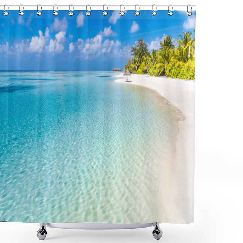 Personality  Tropical Beach Background As Summer Landscape With Beach Vibes And White Sand And Calm Sea For Beach Banner. Perfect Beach Scene Vacation And Summer Holiday Concept, Luxury Travel Destination. Boost Up Color Process Shower Curtains