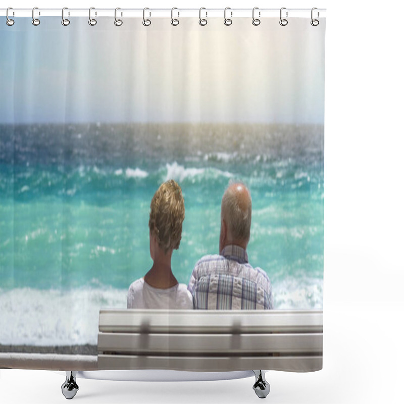 Personality  Aged Couple Sitting On Bench By Waterfront, Facing Choppy Sea, Retirement Travel Shower Curtains