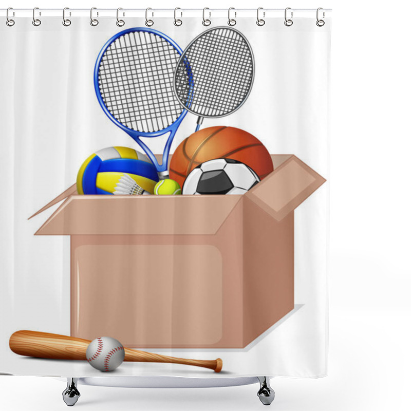 Personality  Cardboard Box Full Of Sport Equipments On White Background Shower Curtains