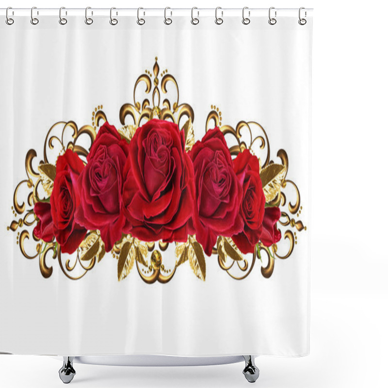 Personality  Composition Of Red Roses In A Gold Frame, Isolated. Gold Weave. Shower Curtains