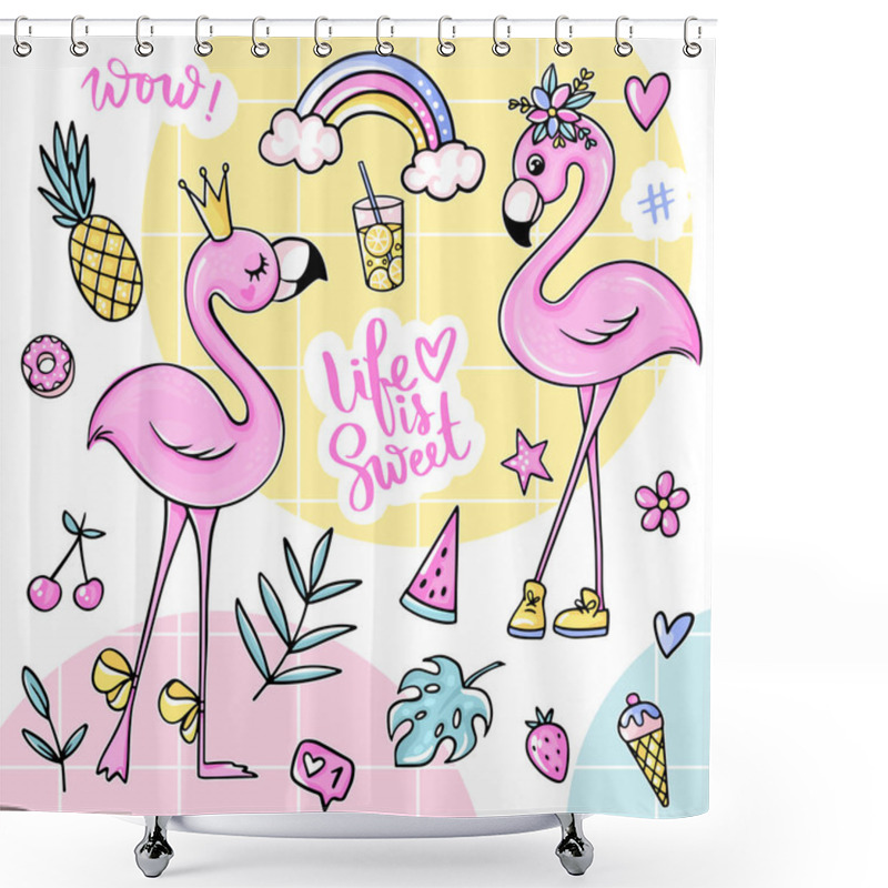 Personality  Big Cute Summer Stickers Set With Flamingos, Ice Cream, Watermelon, Pineapple, Rainbow, Lemonade, Cherry. Shower Curtains