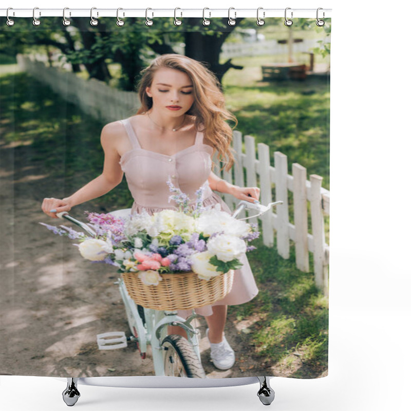 Personality  Beautiful Pensive Woman In Dress With Retro Bicycle With Wicker Basket Full Of Flowers At Countryside Shower Curtains