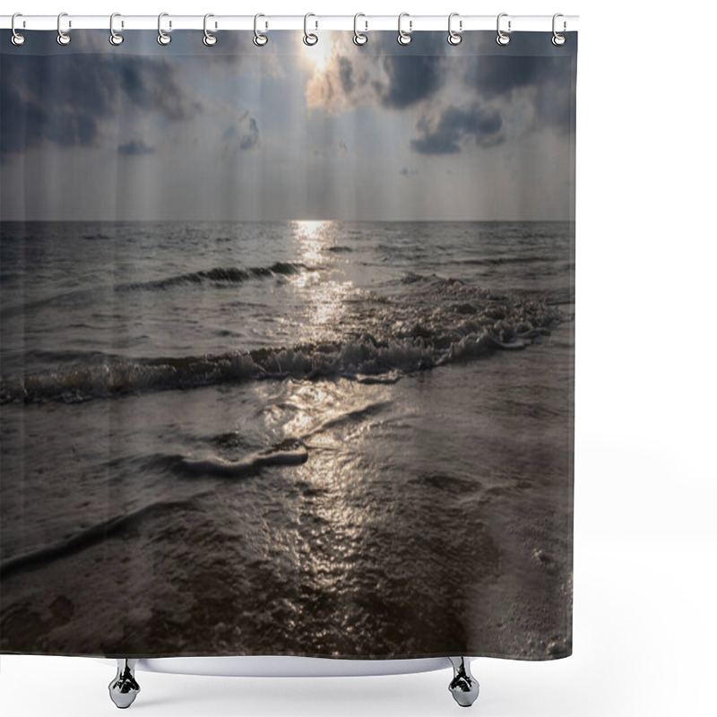 Personality  Sea Horizon With Bright Sunrise Blue Sky From Sandy Beach And Rolling Waves At Morning Shower Curtains