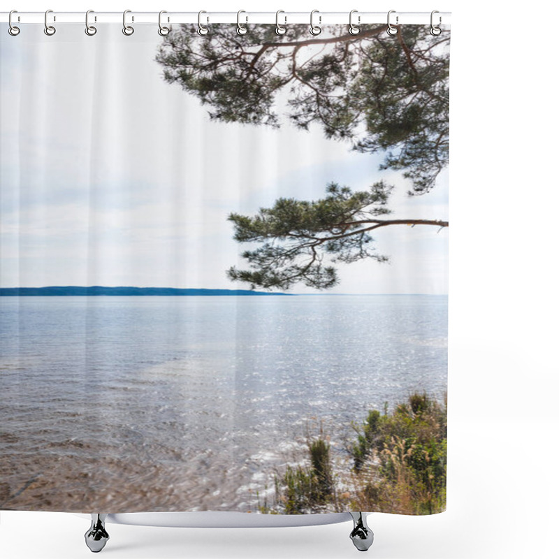 Personality  Sunshine On Green Pine Tree Near Tranquil Lake In Summer  Shower Curtains